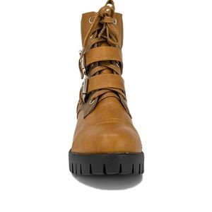 Chase + Chloe Shoes - Women's Cognac Leather Ankle Combat Boots Chase + Chloe Shoes - Women's Cognac Leather Ankle Combat Boots